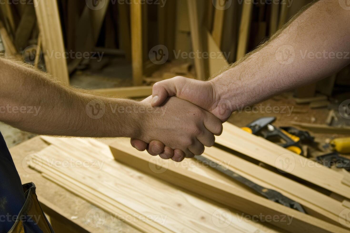 Two workers shaking hands in a woodworking shop promoting collaboration and teamwork during the day photo