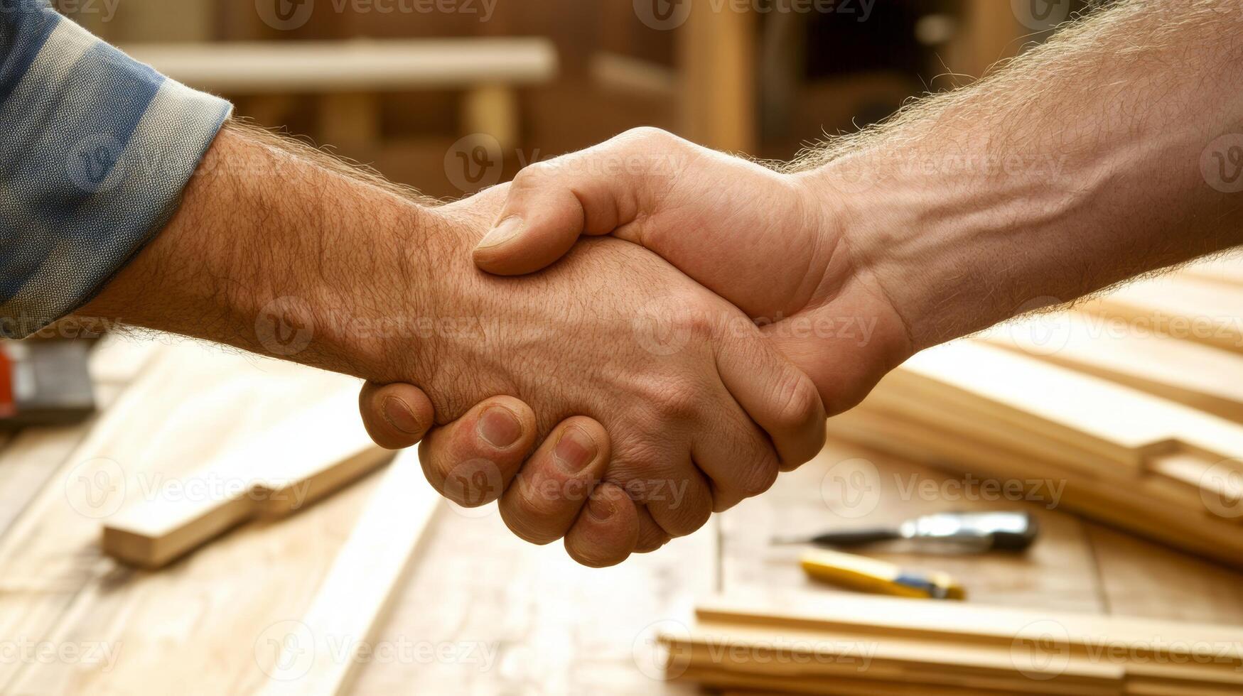 Handshake between two craftsmen in a workshop setting, symbolizing collaboration and mutual respect in woodworking photo