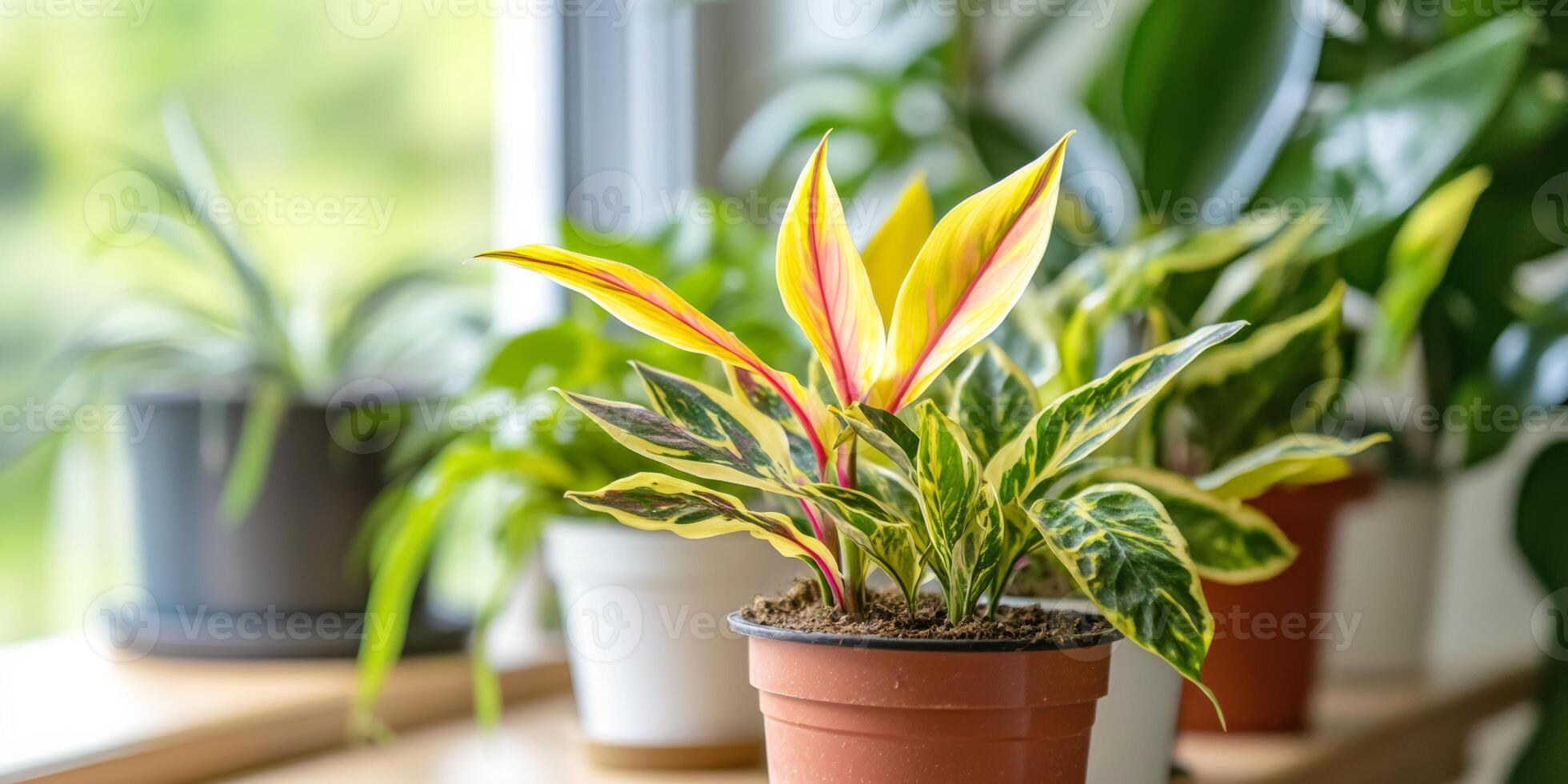 Vibrant indoor plants in pots enhance a bright window sill during late afternoon light photo