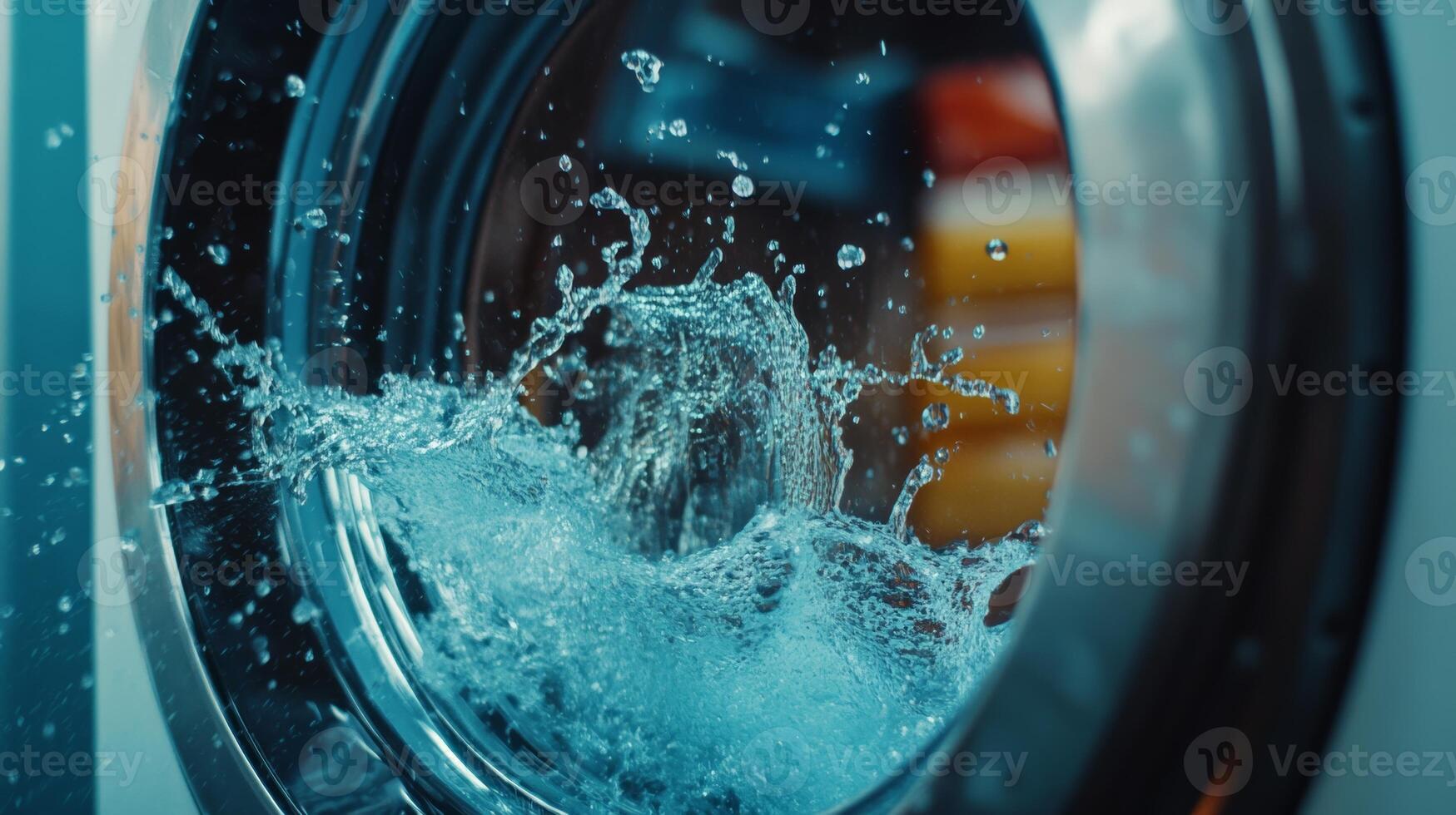 Water splashing inside washing machine during a laundry cycle in a bright room photo
