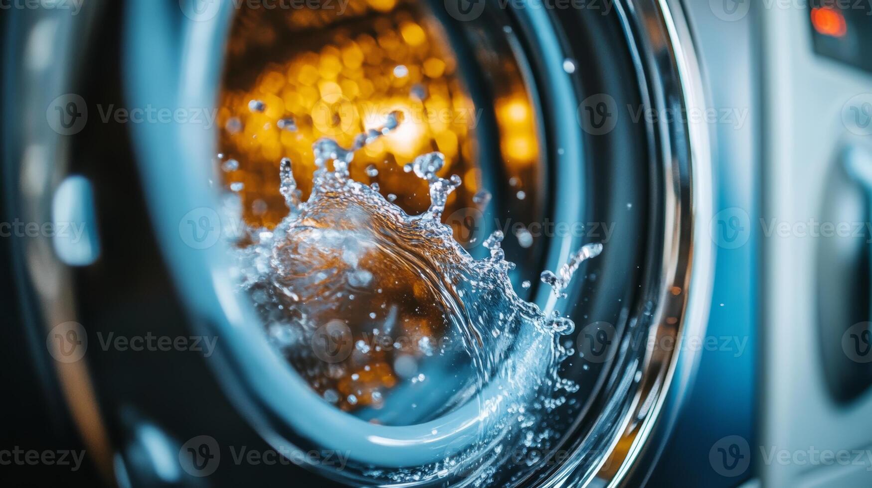 Washing machine in action displaying water splashing during a laundry cycle in a modern home setting photo