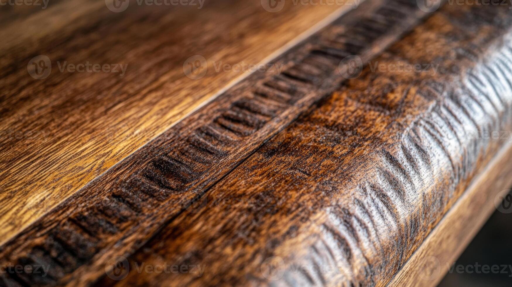Distinctive craftsmanship of a wooden surface showcasing intricate textures and patterns in natural light photo