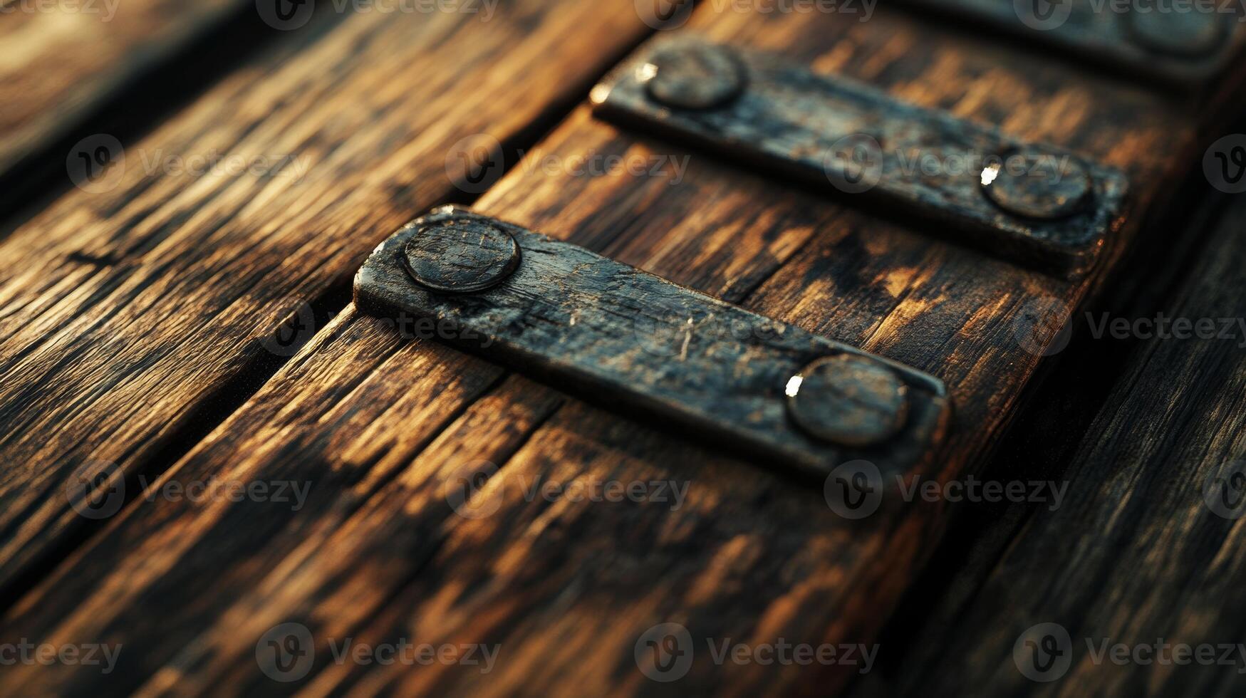 Close-up view of weathered wood and metal hardware in rustic outdoor setting photo