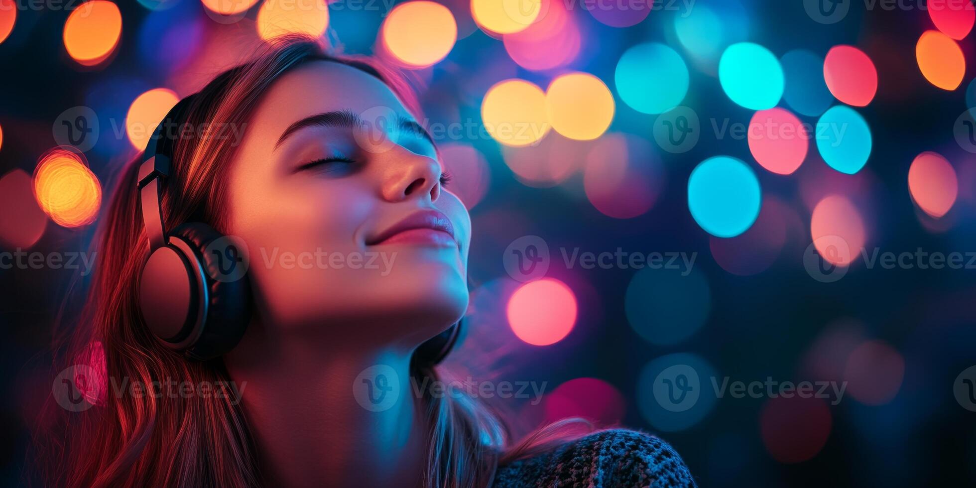 Enjoying music with headphones amidst colorful bokeh lights in a cozy atmosphere photo