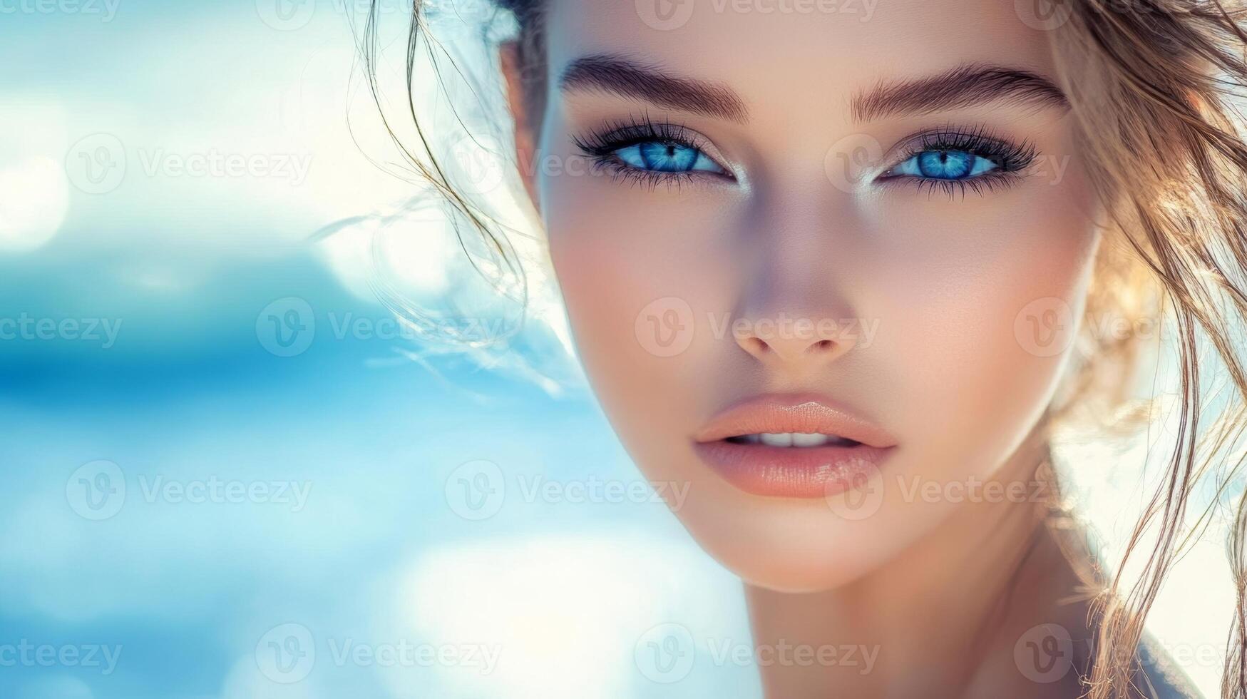 Young woman with striking blue eyes posing by the ocean in bright sunlight showcasing natural beauty and serene atmosphere photo