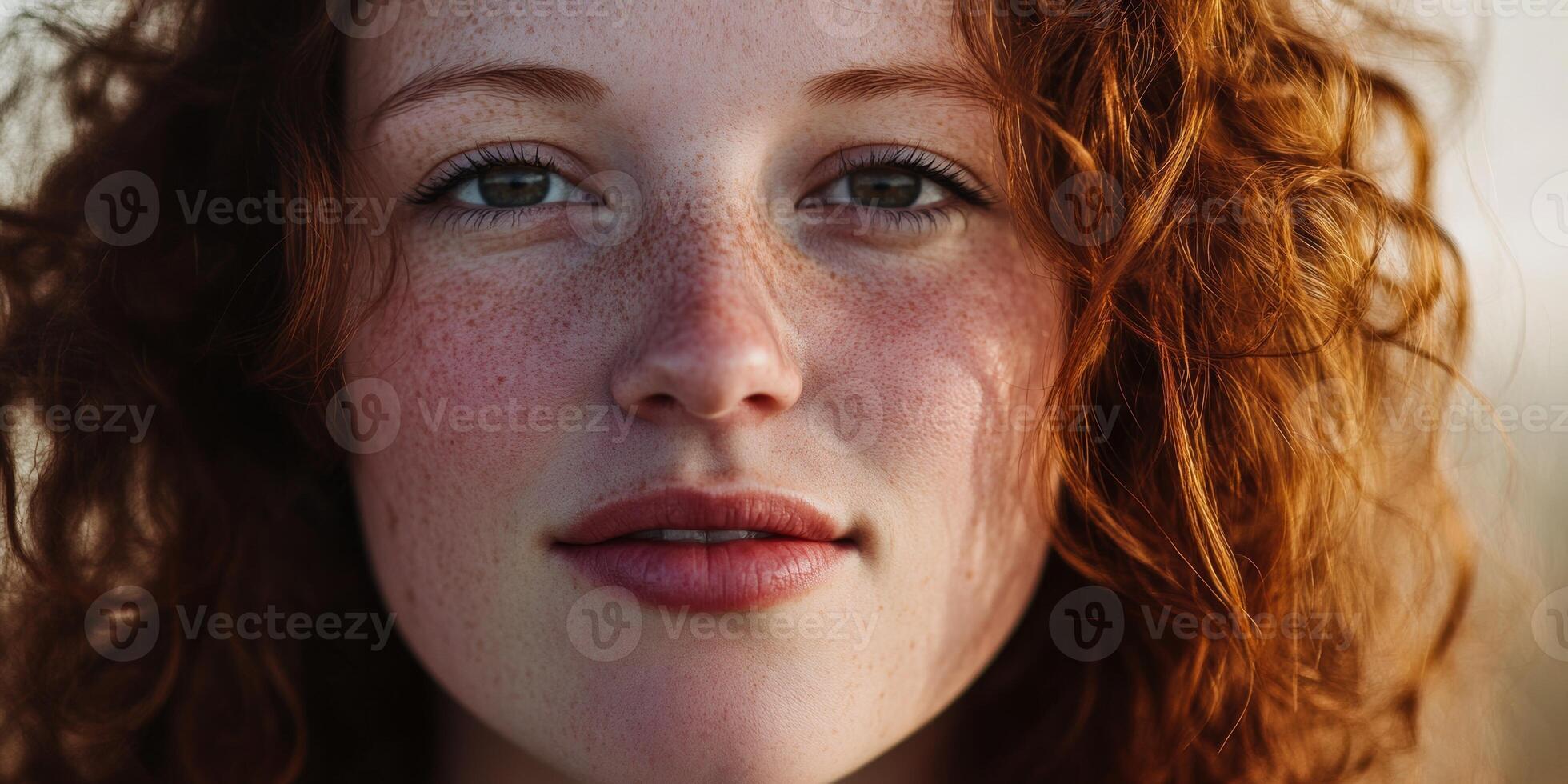 Freckles and curls illuminate a serene expression on a woman's face during twilight photo