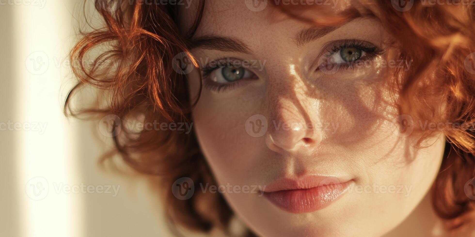 Young woman with curly red hair gazes thoughtfully, illuminated by warm sunlight in a cozy indoor setting photo