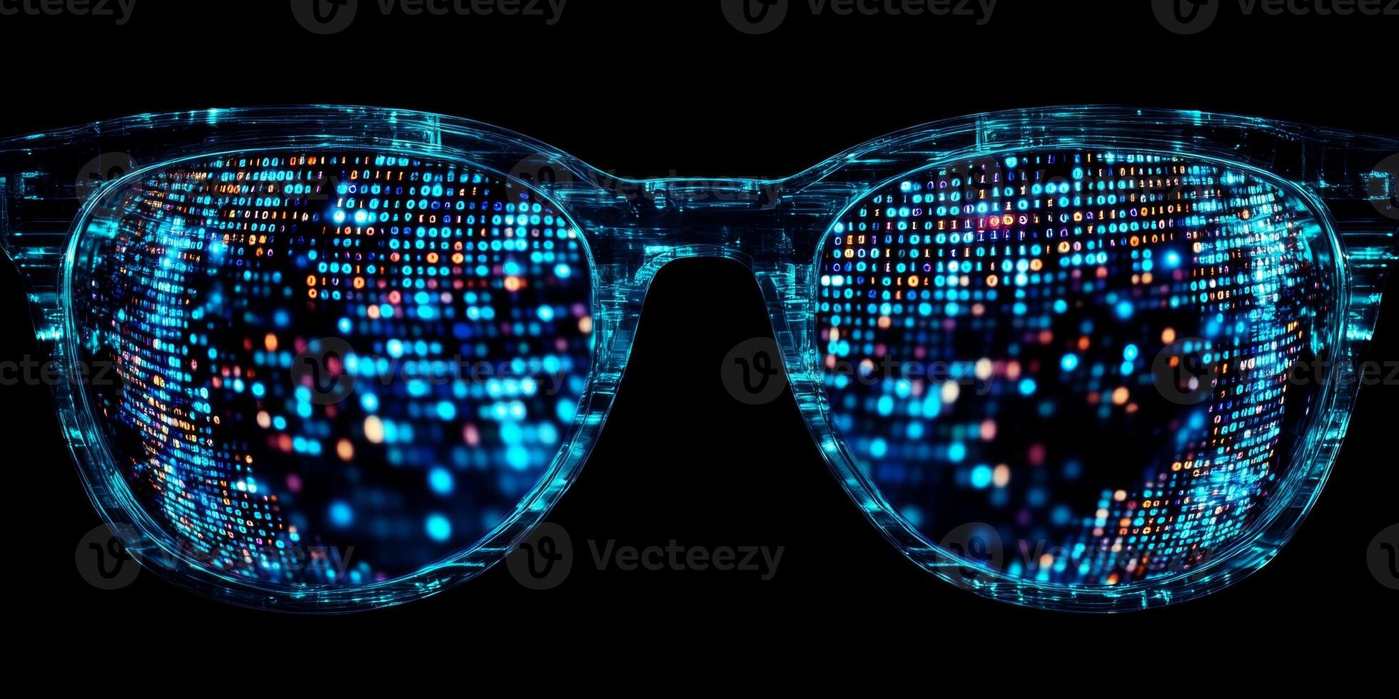 Innovative smart glasses with digital display reflecting vibrant data in dark environment photo
