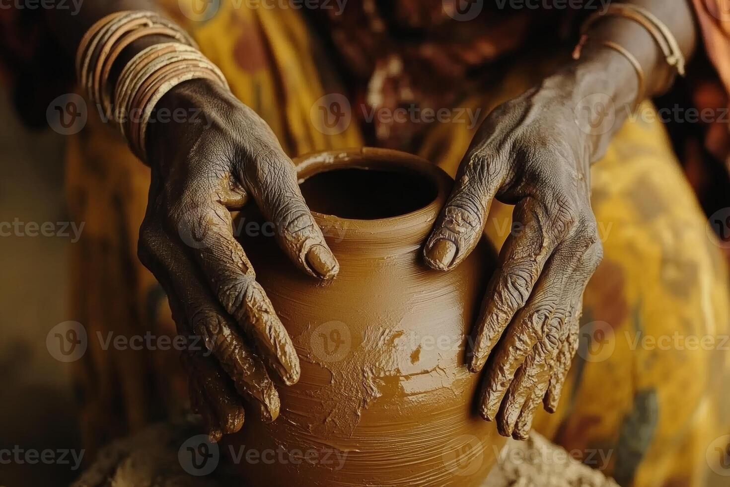 Skilled artisan shapes clay pot in traditional pottery craft at rural workshop in India during daylight hours photo