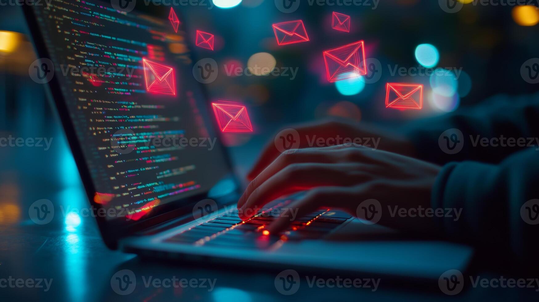 Hands typing on a laptop while digital envelopes float above during nighttime in a cozy atmosphere photo