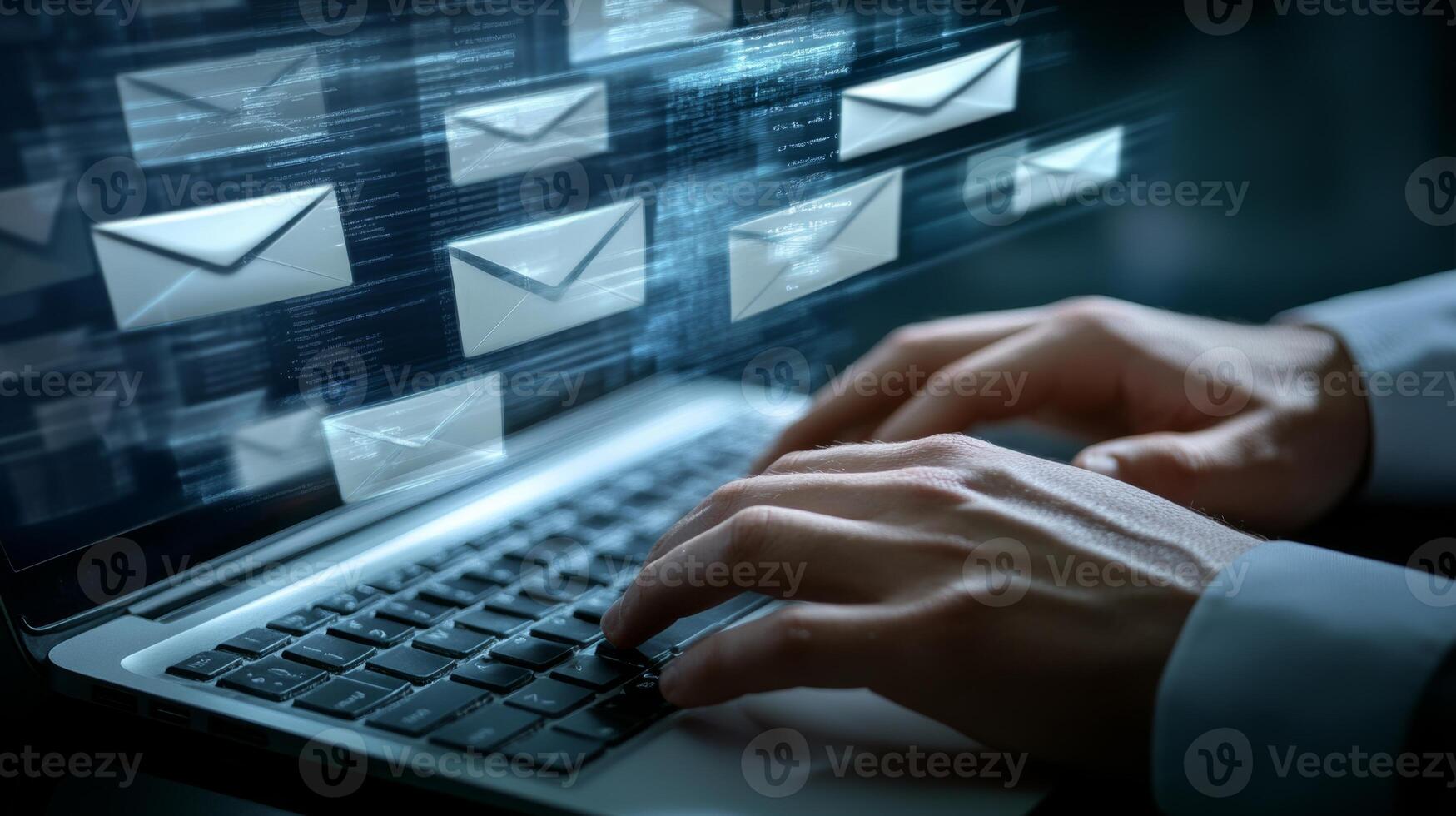 Dramatic close-up of hands typing on a laptop that displays swirling email icons in a digital workspace at night photo