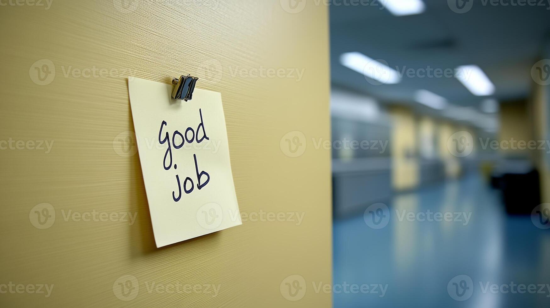 Sticky note with encouraging message in a brightly lit office environment during work hours photo