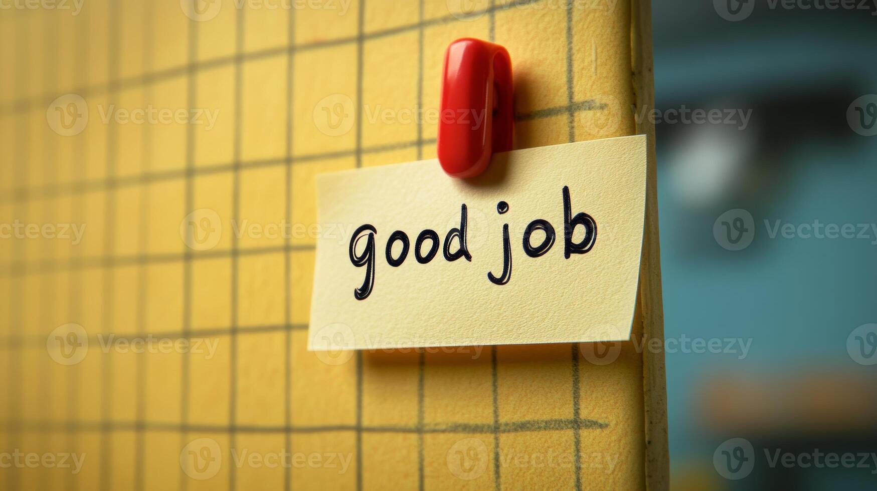 Positive reinforcement note attached to a yellow grid board in an office setting promoting motivation and encouragement photo