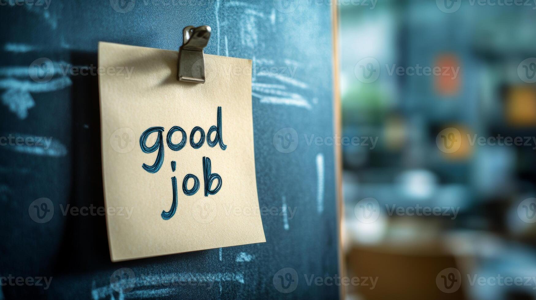 Motivational note on a chalkboard encouraging positive feedback in a modern workspace photo