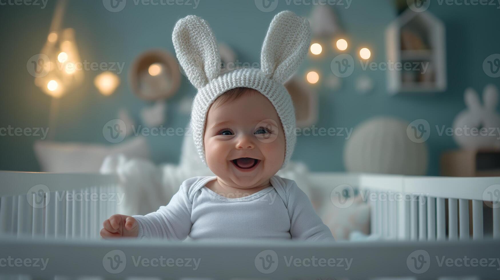 Baby wearing cute bunny hat smiles happily in a cozy nursery setting with a soft color palette and warm lighting photo