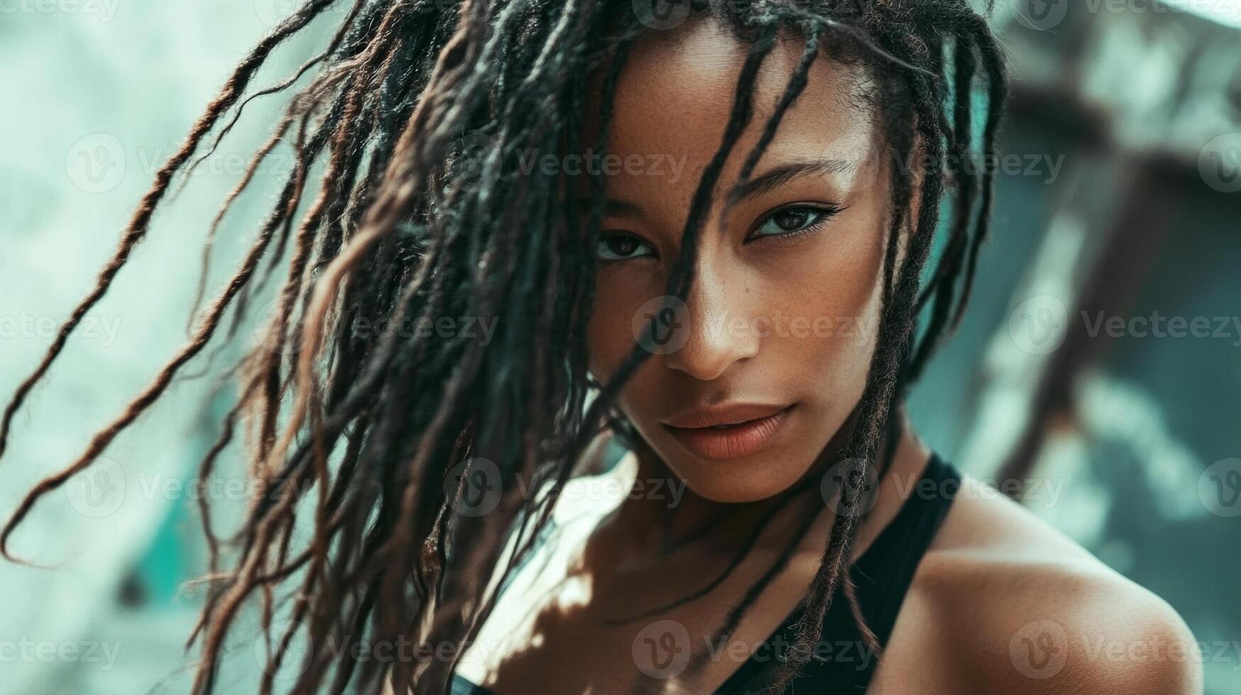 Young woman with long dreadlocks poses confidently against a textured backdrop in an urban setting during daylight hours photo