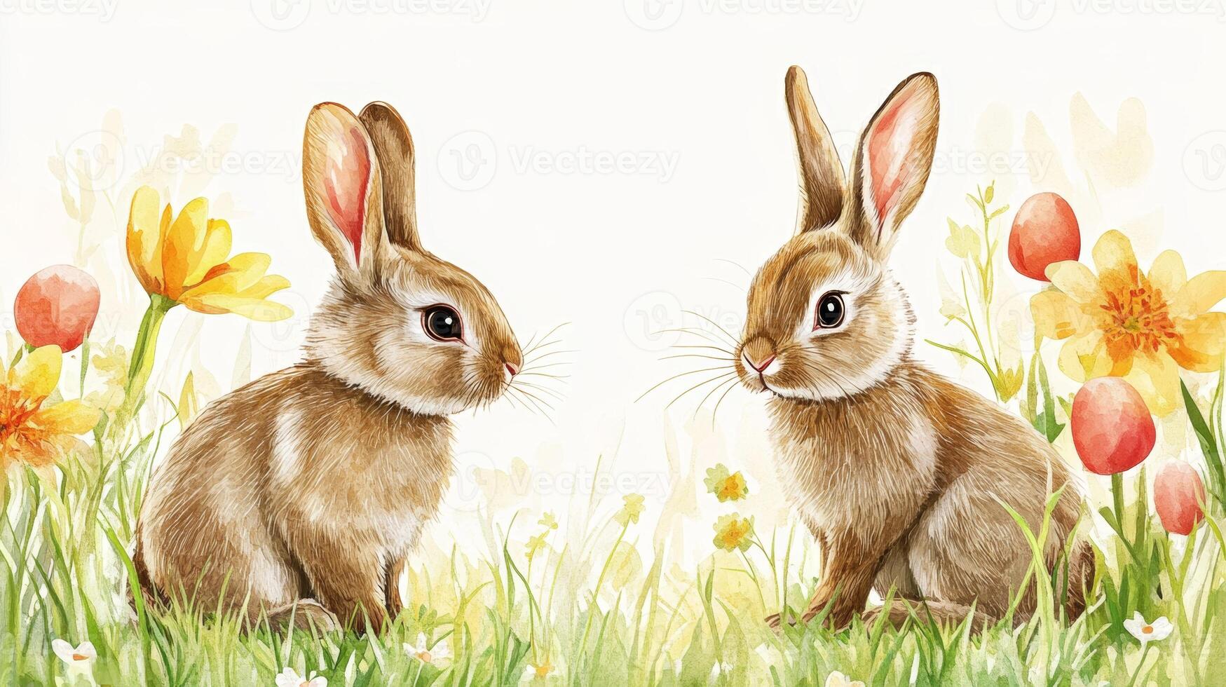 Two rabbits sitting in a colorful flower field during springtime amidst blooming flowers and Easter eggs photo
