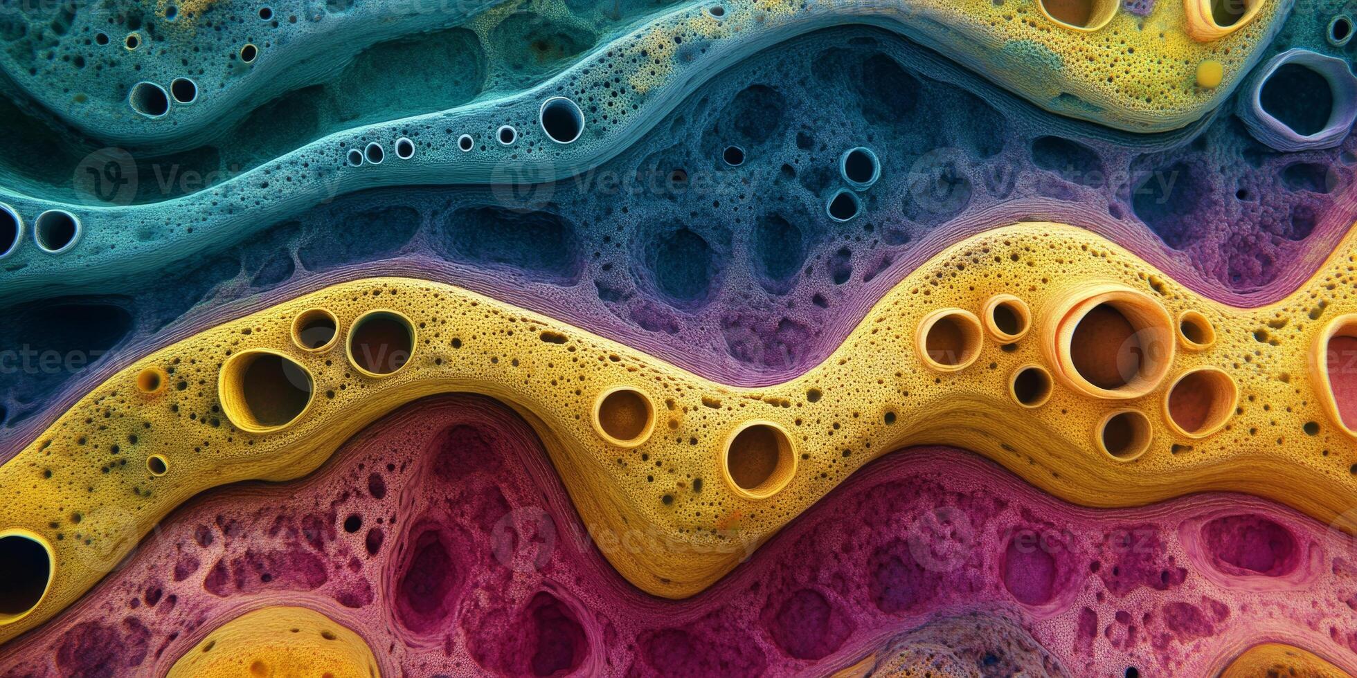 Vibrant abstract pattern of colorful, textured waves with bubbles and holes in shades of blue, yellow, and pink photo