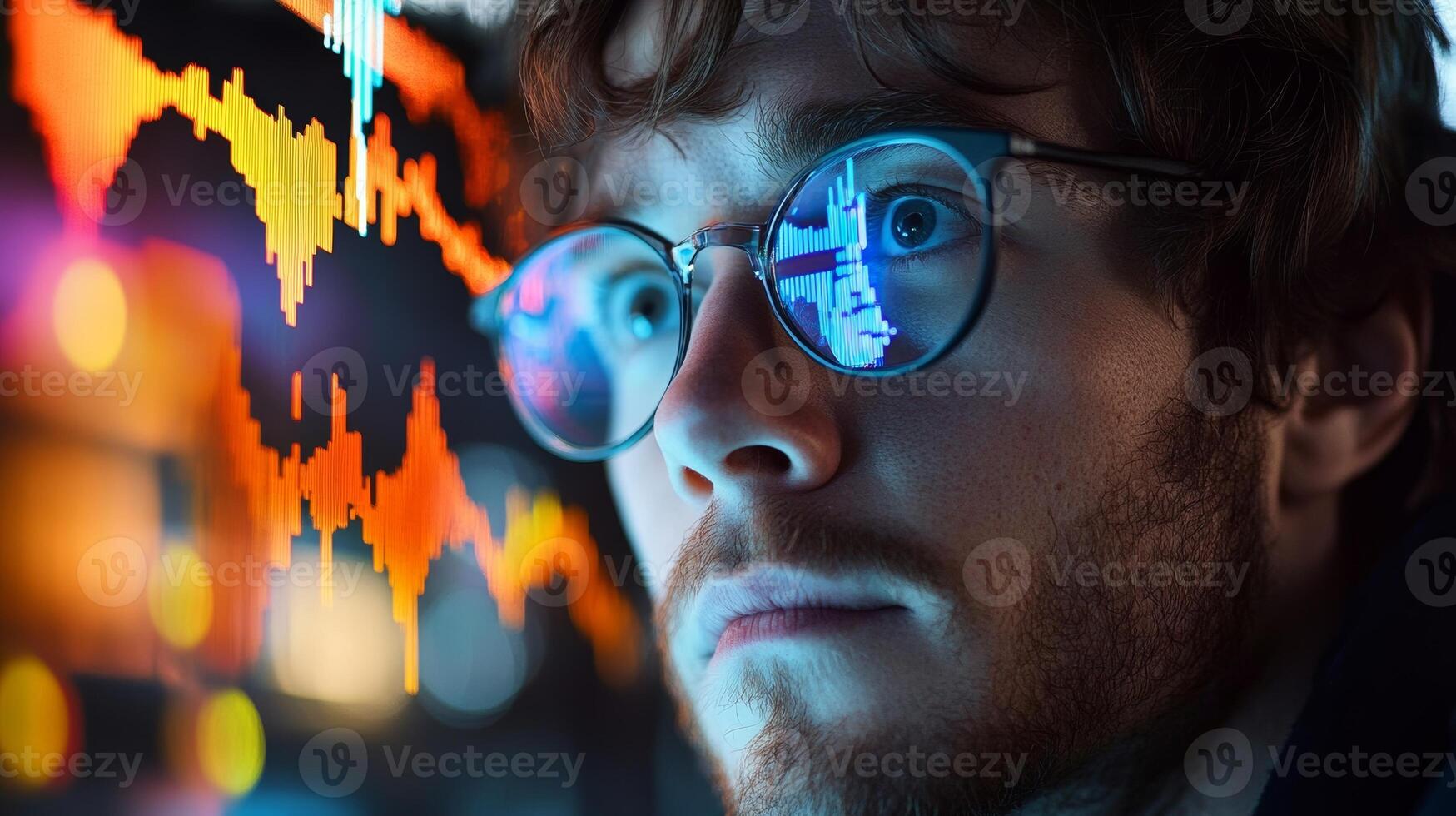Young man focused on digital analytics displaying vibrant market trends late at night in a modern workspace photo