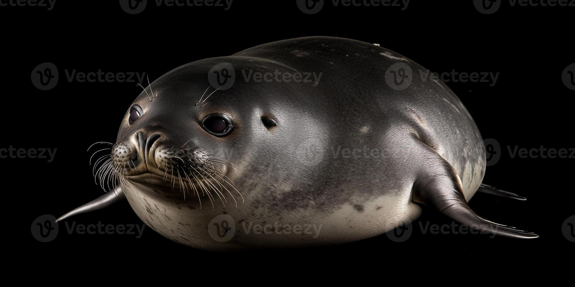 Seal resting on a smooth surface showcasing its dark fur and curious expression with a black background photo