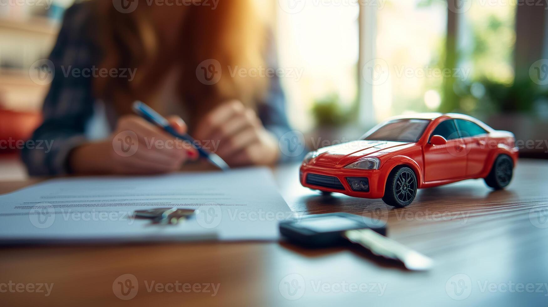 Document signing process with a toy car and keys on a wooden table in a bright indoor setting photo