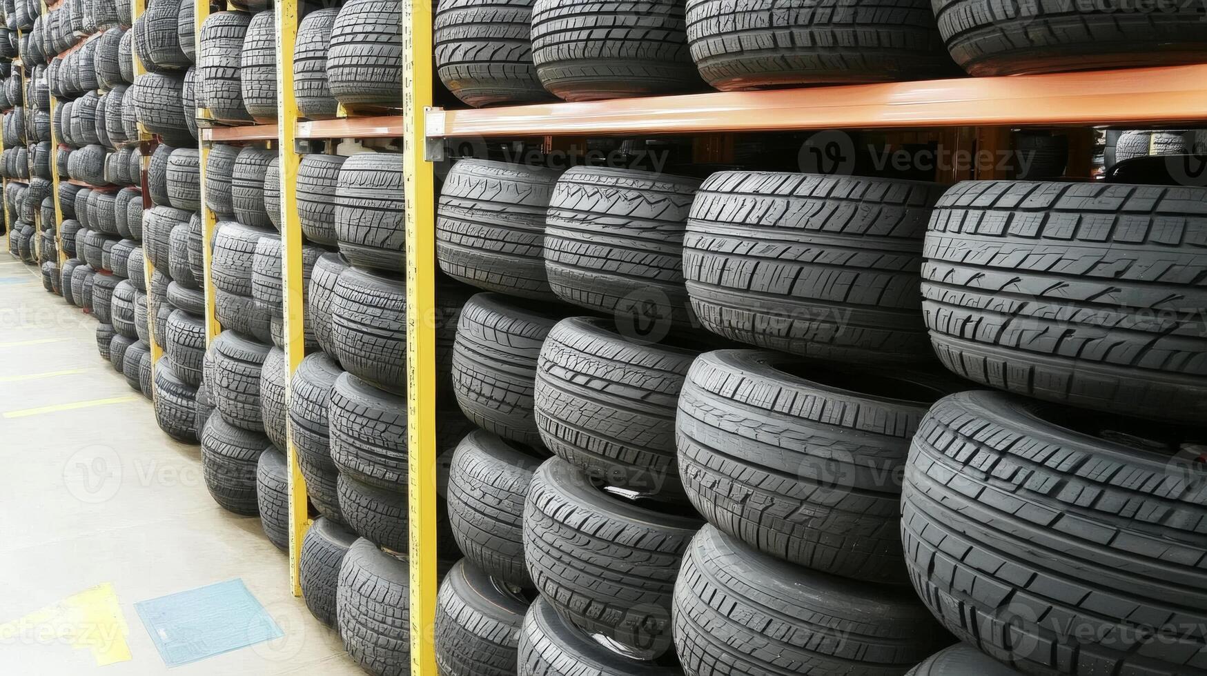 Warehouse filled with neatly stacked tires, showcasing inventory management and storage techniques photo