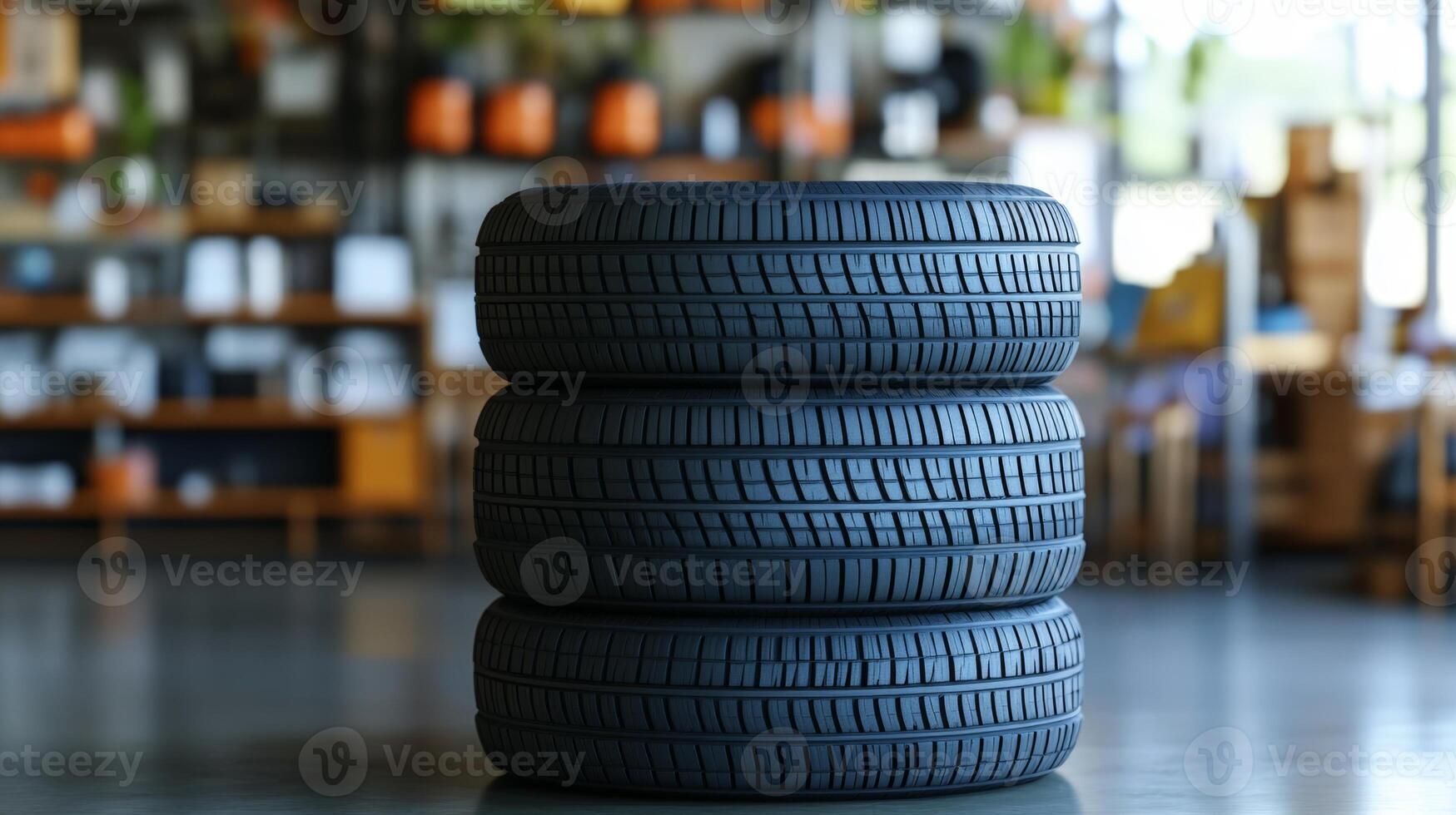 Tires stacked in an automotive shop display during the daytime showcasing quality and durability photo