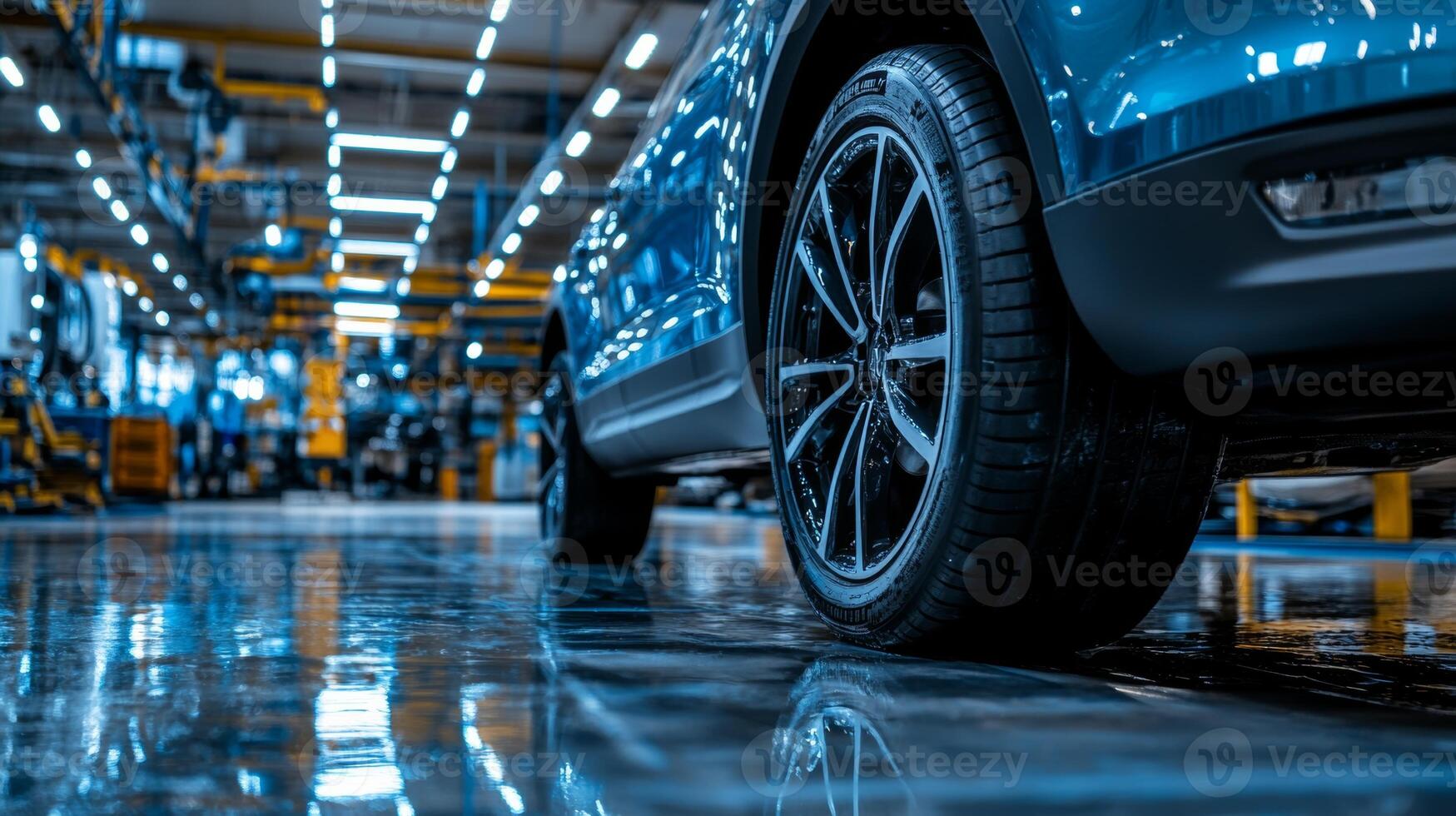 Car assembly line in a modern factory with a focus on a blue vehicle and its detailed tires, showcasing industrial precision photo
