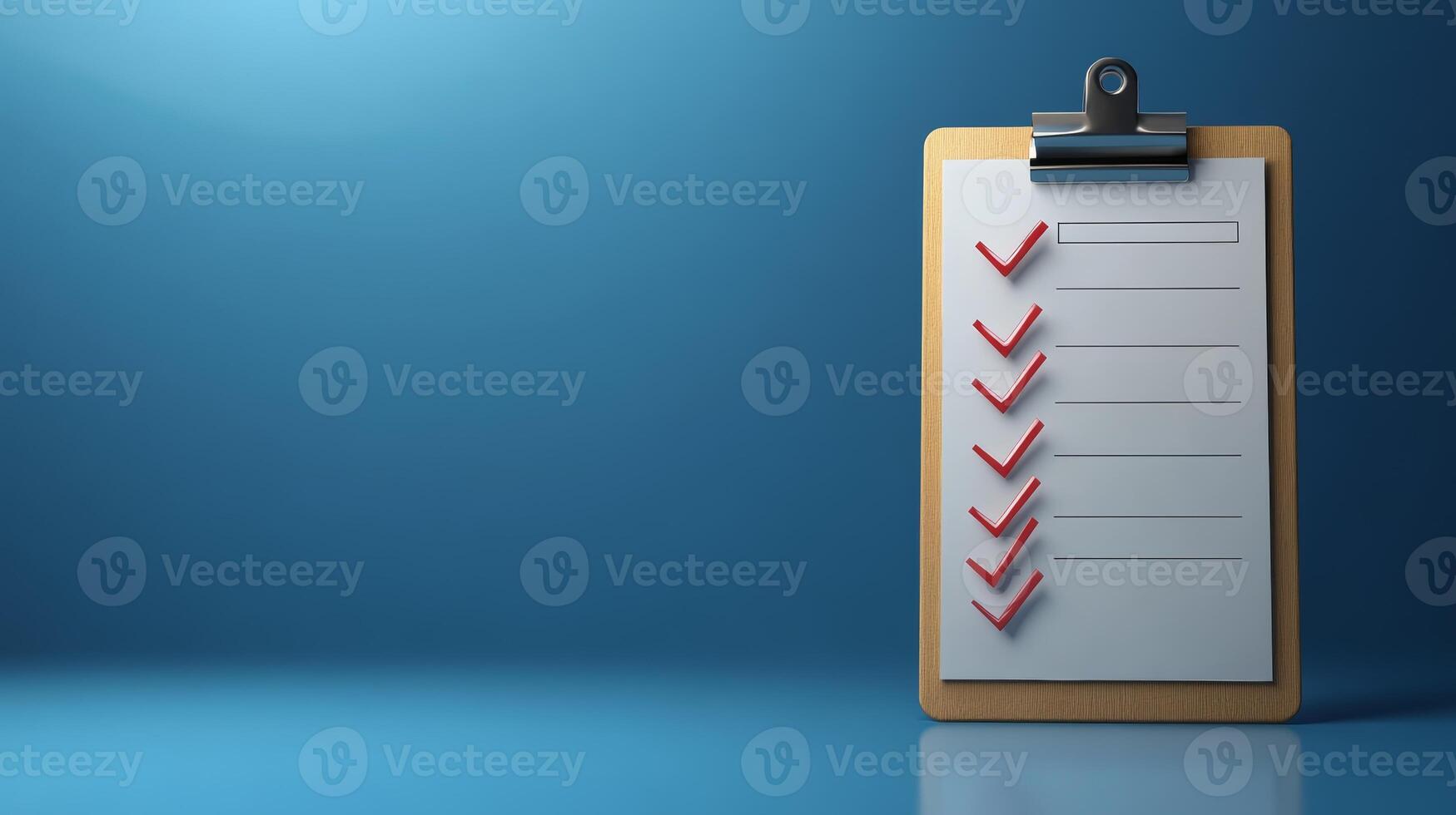 Checklist with completed tasks on a wooden clipboard against a blue background highlighting organized planning photo