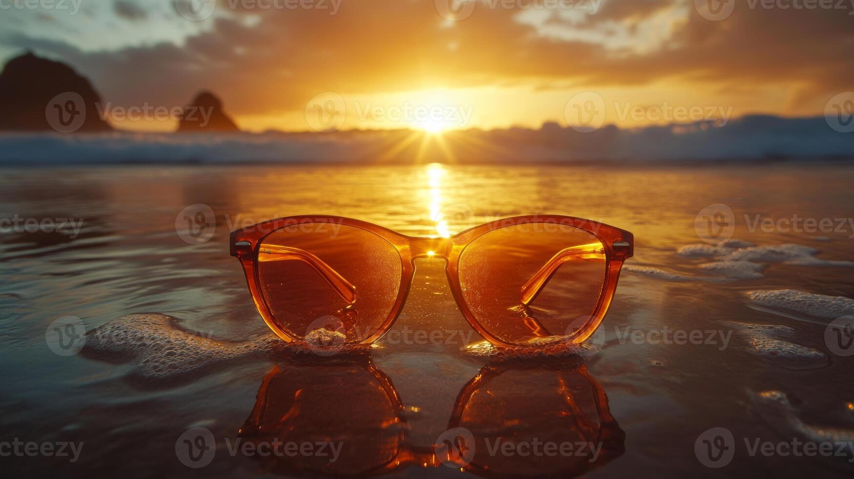 Sunset reflection on sunglasses near the shore at a picturesque beach photo