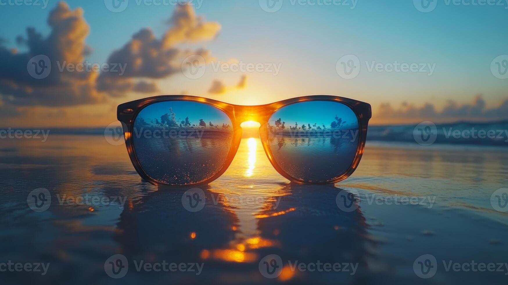 Sunset reflections in sunglasses on a tranquil beach during golden hour with gentle waves in the background photo