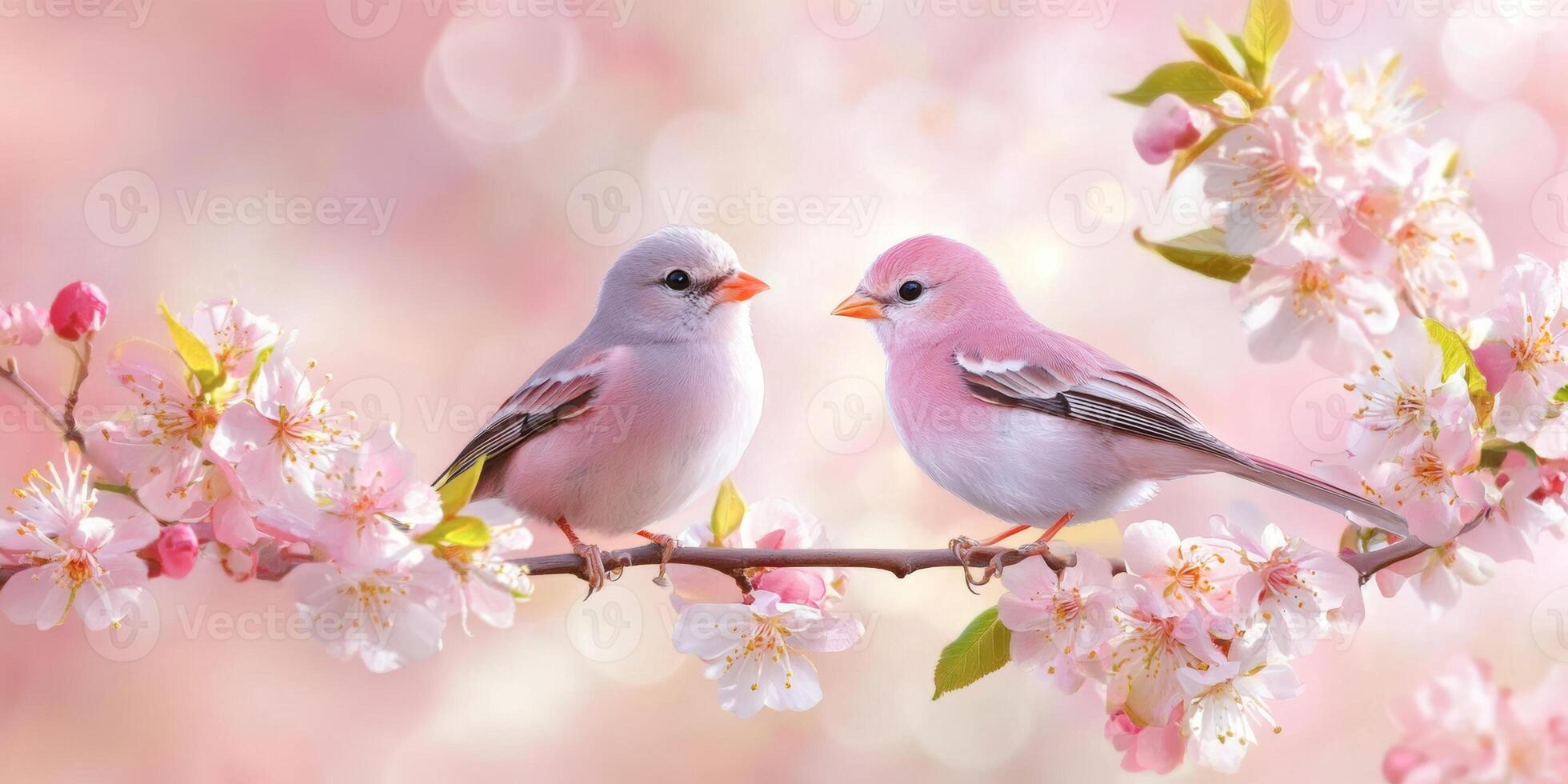 Pink birds perched on blossoming branches in a serene spring setting with soft pastel hues photo