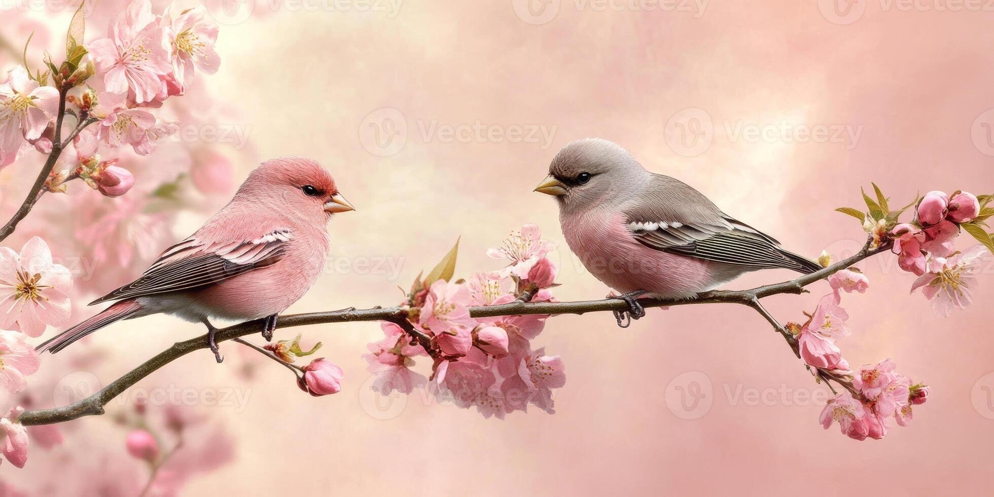 Two colorful birds perched on a blooming cherry blossom branch during springtime in a peaceful natural setting photo