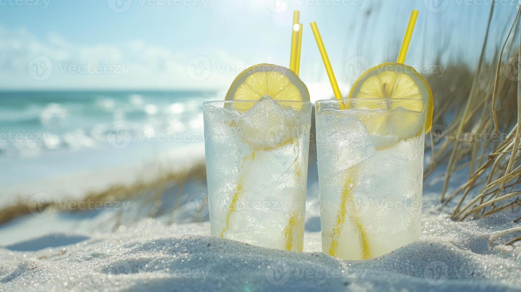 Refreshing lemonade drinks with lemon slices on a beach during sunny daytime photo