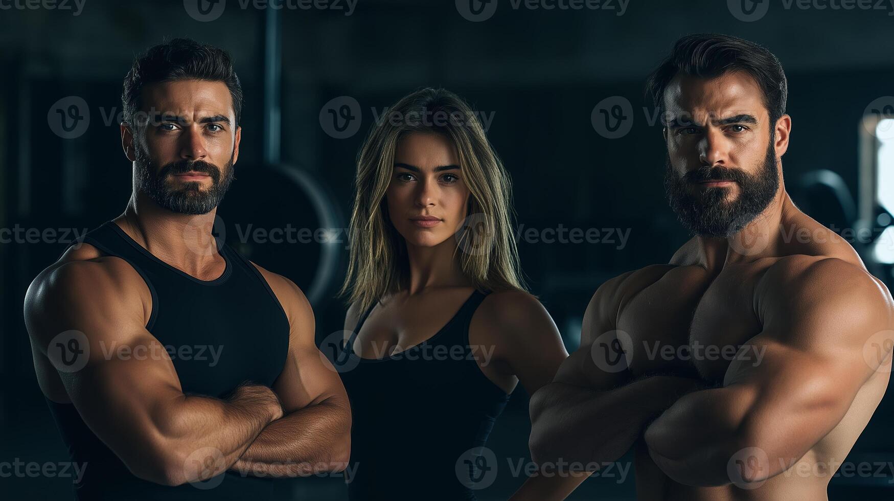 Powerful trio poses confidently in a dimly lit gym after an intense workout session promoting fitness and strength training photo