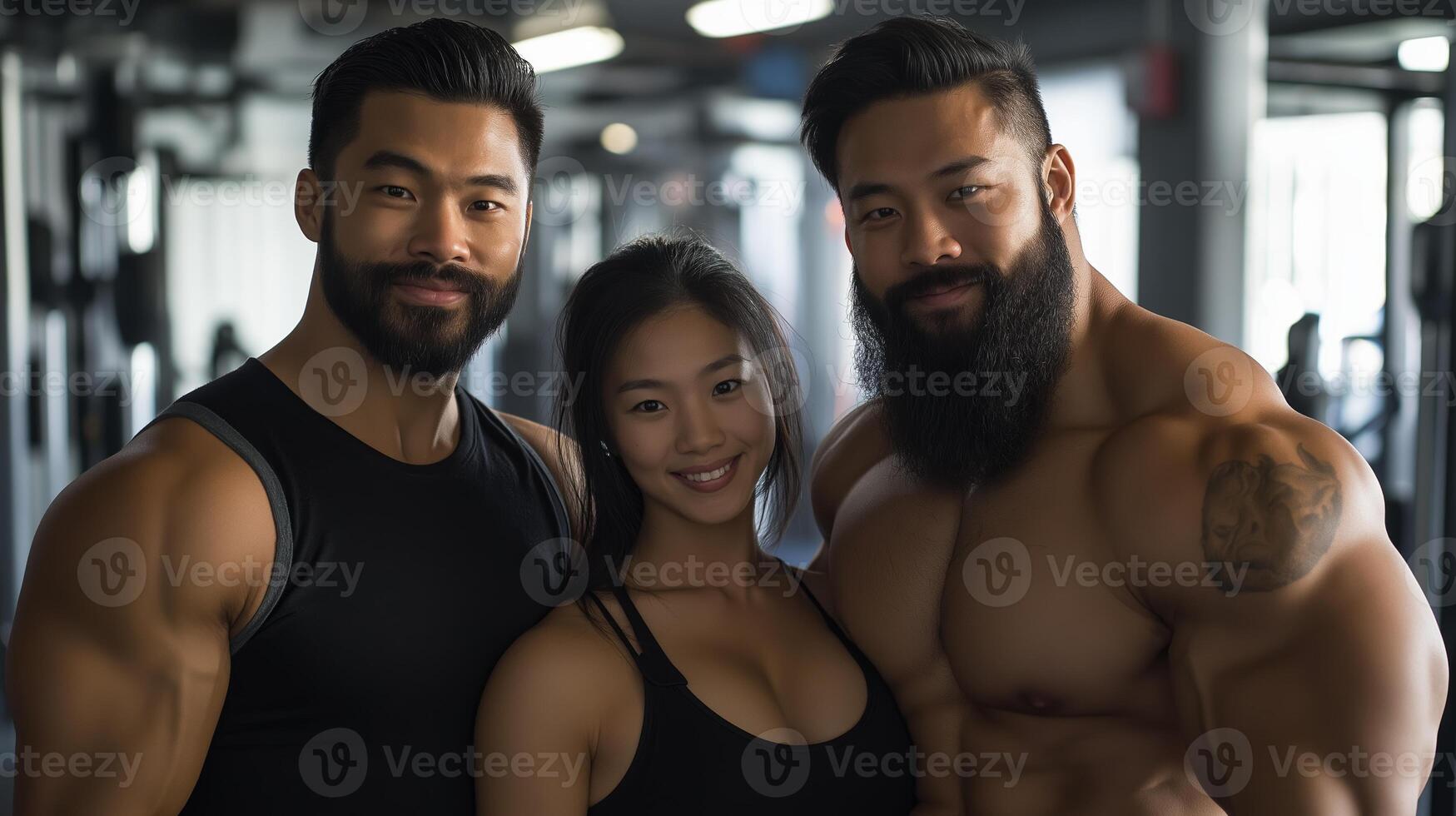 Friends pose together in a gym showing off their fit physiques and strong personalities during a workout session photo
