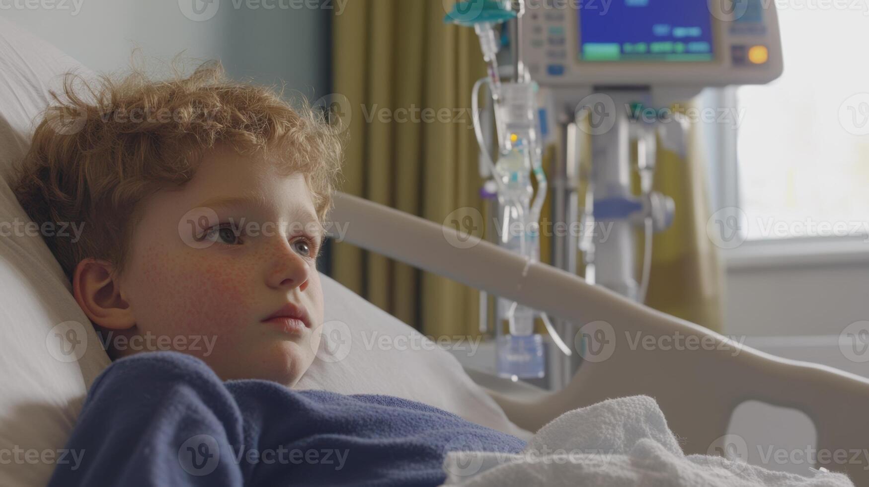 Child receiving treatment in a hospital room with a medical monitor and IV equipment present photo