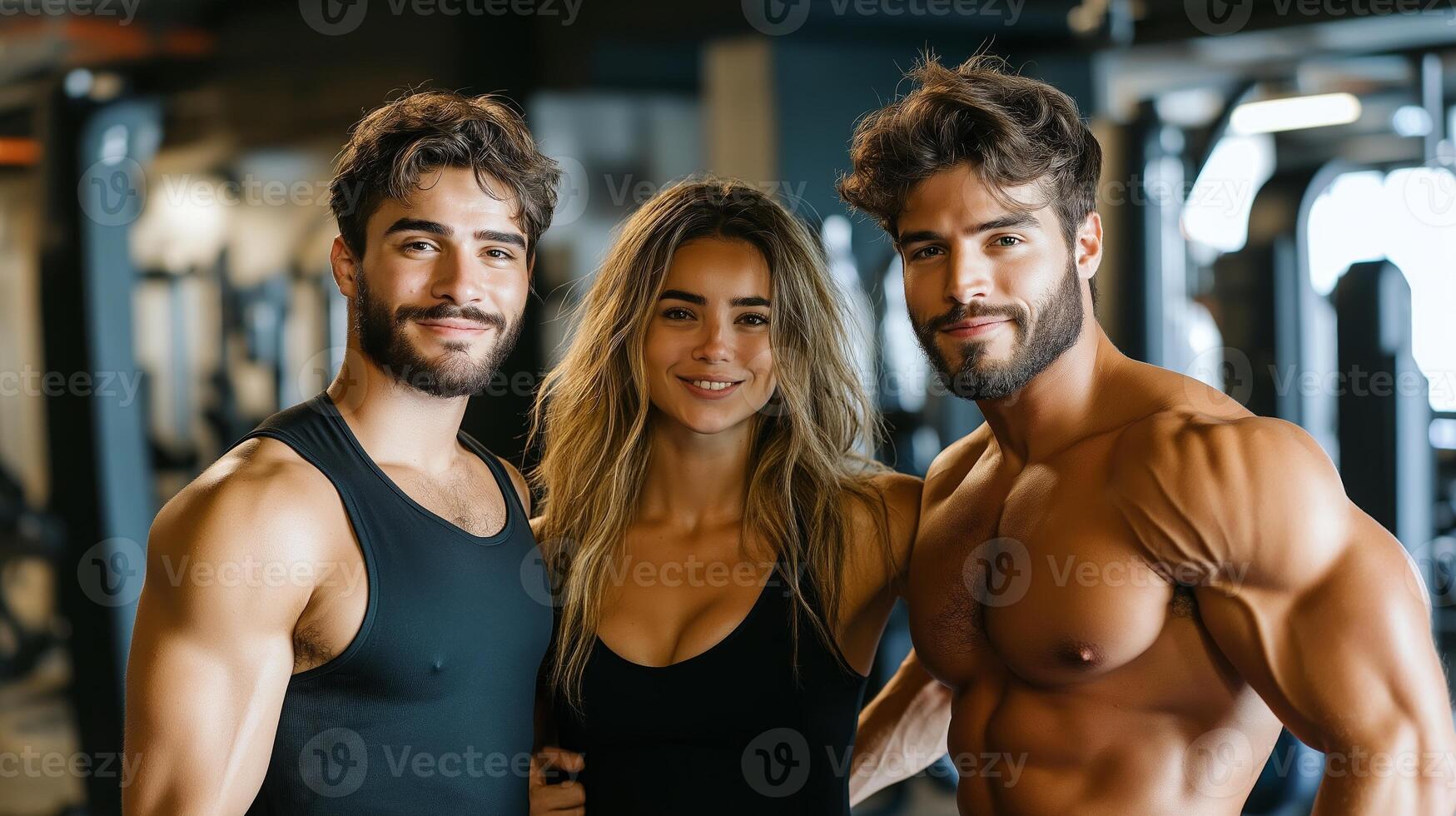 Group of friends smiling together at a gym during a fitness session in a modern workout space photo