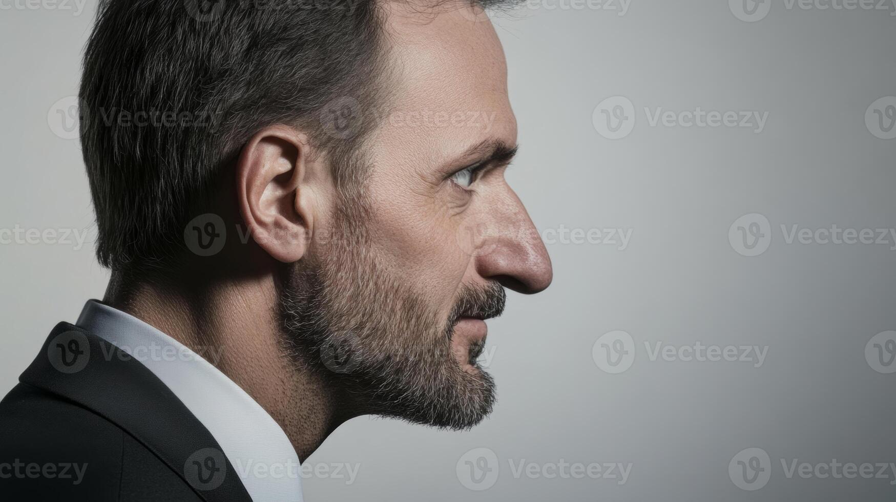 Profile portrait of a man in a suit with a focused expression in a softly lit setting photo