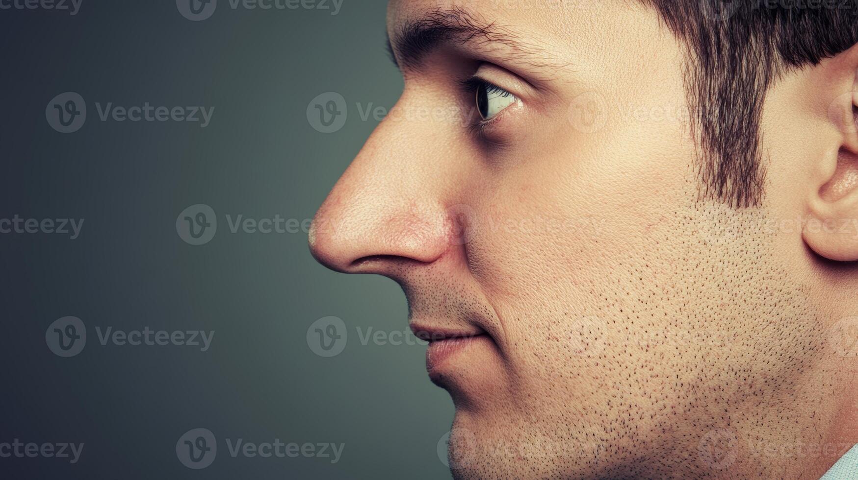 Profile view of a man showcasing distinct facial features with a neutral expression against a subtle backdrop photo