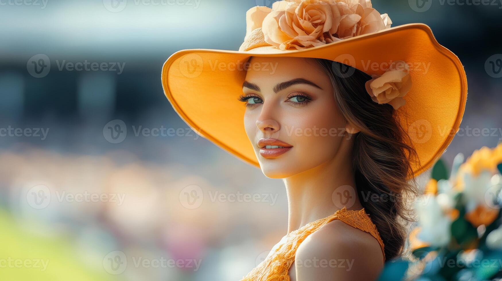 Elegant woman wearing a large yellow hat with flowers at a summer event in a lively outdoor setting photo