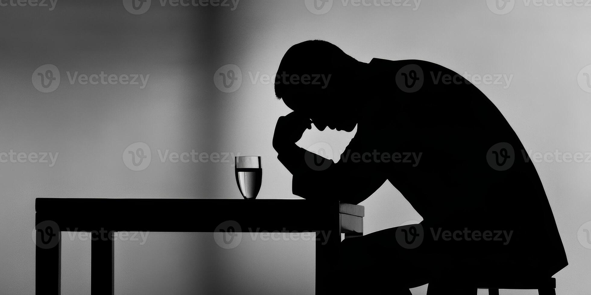 Man sitting alone at table in silhouette reflecting on life with glass of water in dimly lit room photo
