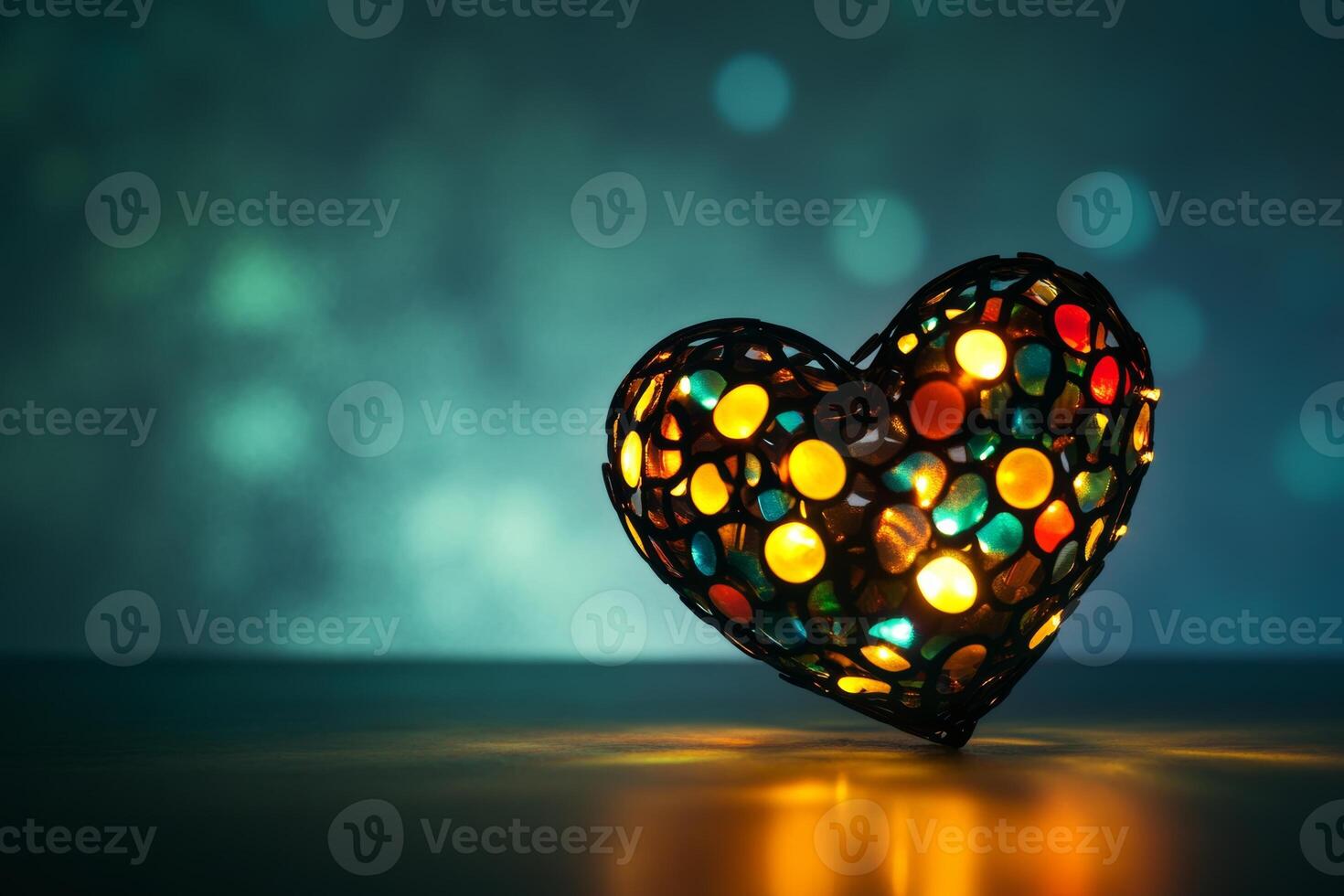 Colorful heart-shaped lantern shines brightly on a table with a blurred background creating a warm and inviting atmosphere at night photo