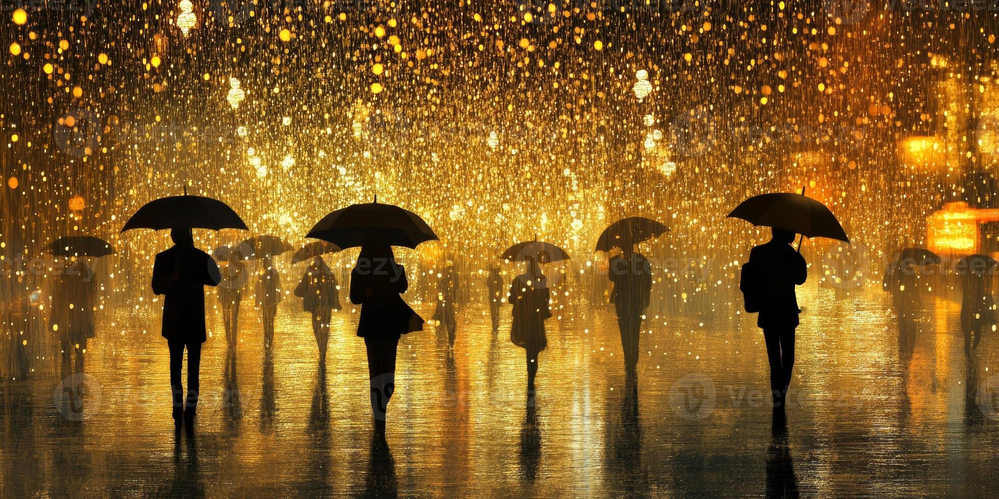 People walking with umbrellas in a rainy urban setting at night with glowing lights photo