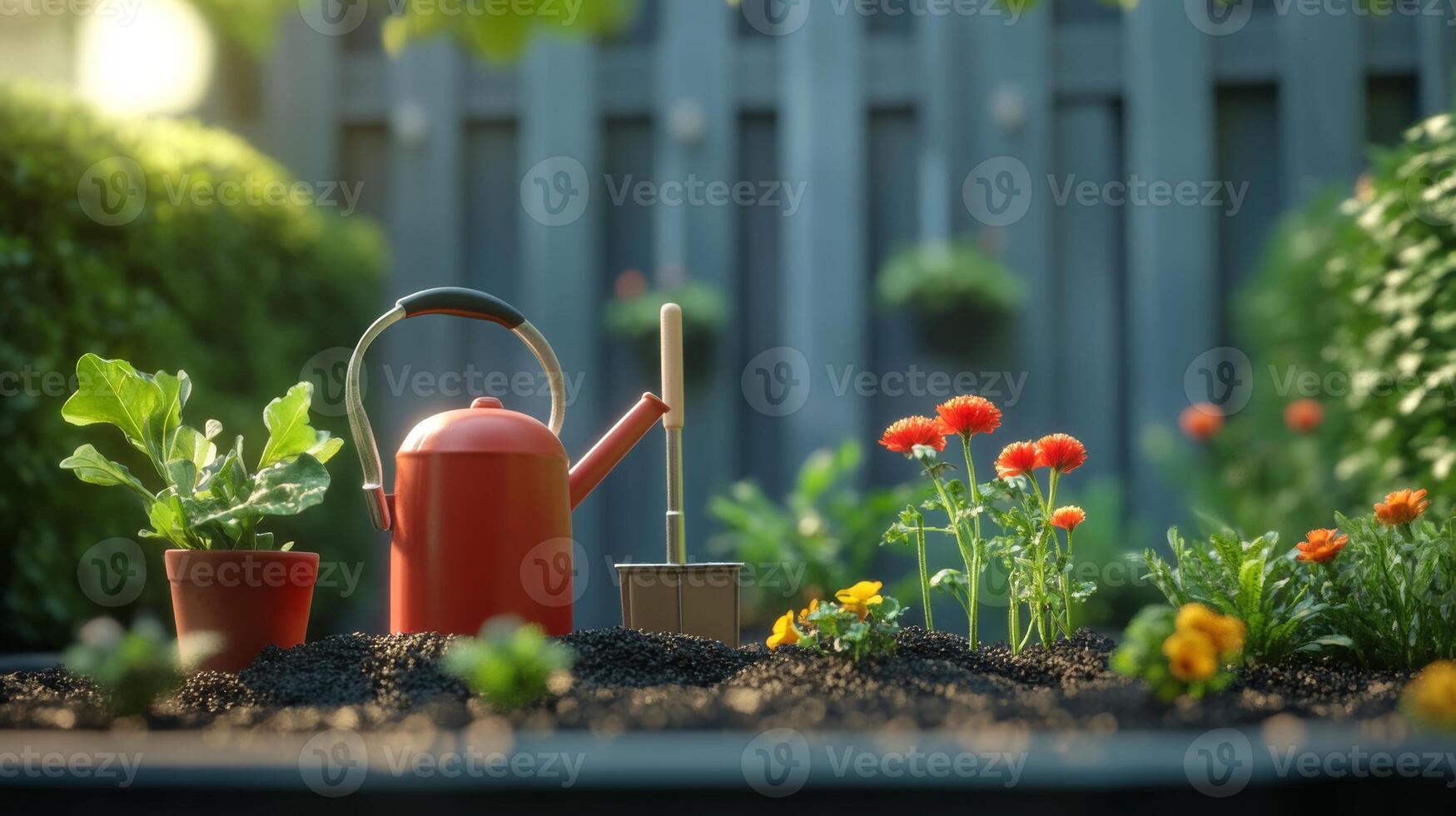 Garden watering can and tools surrounded by vibrant flowers on a sunny day in a backyard photo