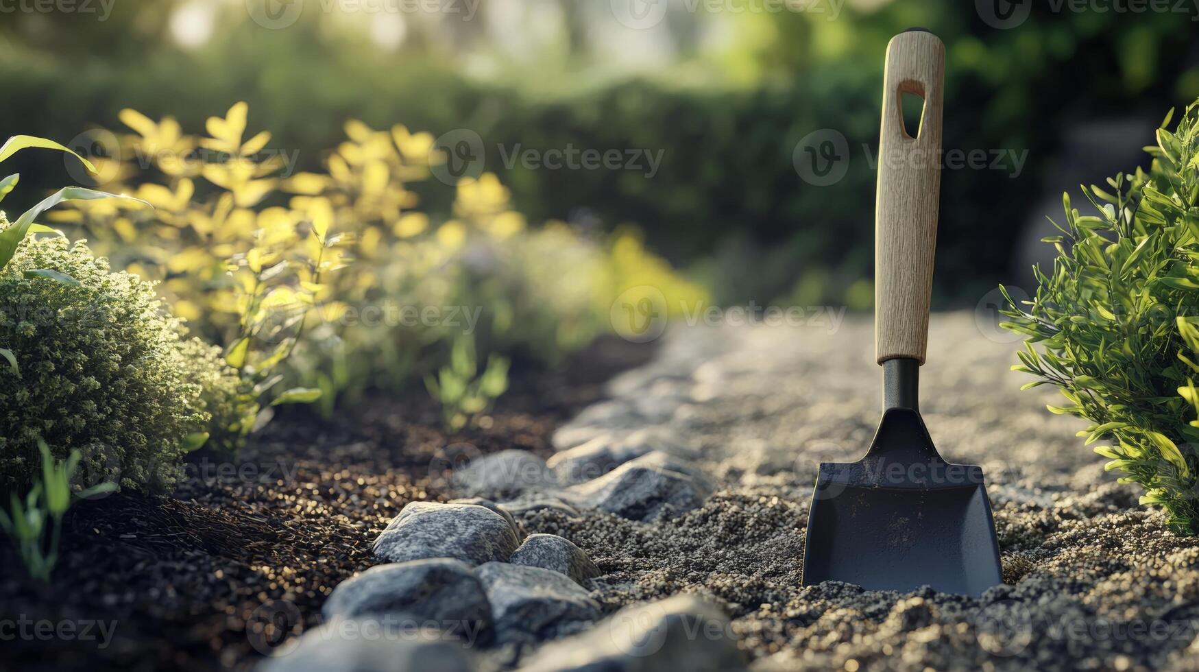 Gardening tools in a serene garden setting during the golden hour showcasing fresh soil and vibrant plants photo