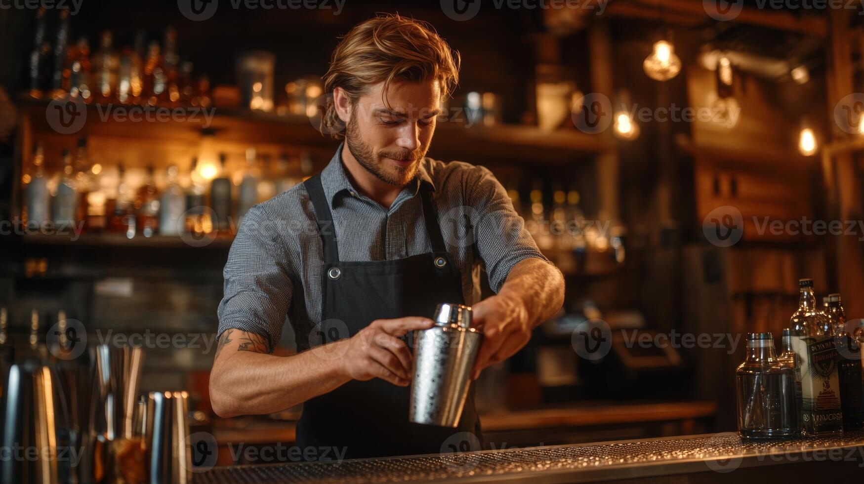 Bartender prepares cocktails in a lively bar during evening hours, showcasing mixology skills and vibrant atmosphere photo