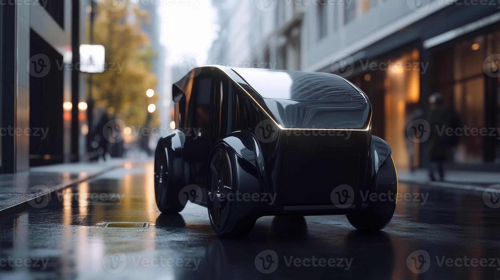 Innovative electric vehicle on a city street during a rainy day showcasing modern design and advanced technology photo