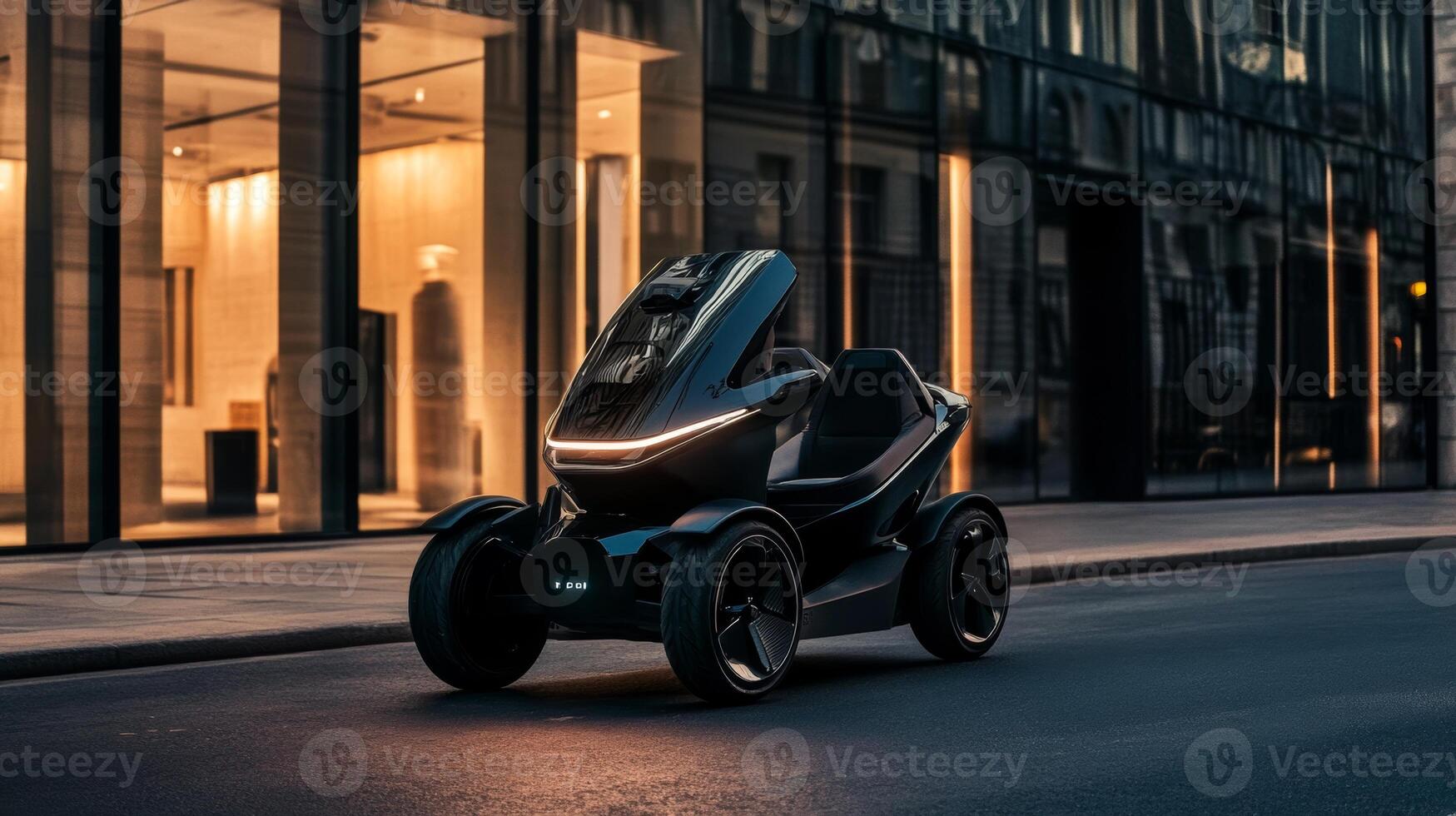 Electric two-seater vehicle parked near modern architecture in the evening light showcasing a sleek design photo