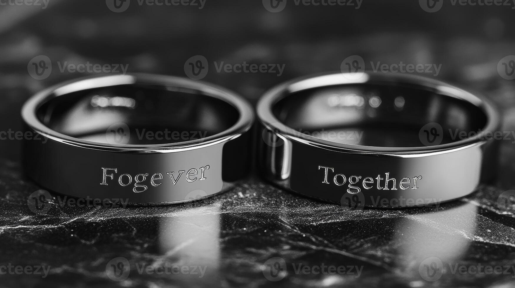 Unique couple's rings engraved with Fogever and Together on polished black surface showcasing love and commitment photo